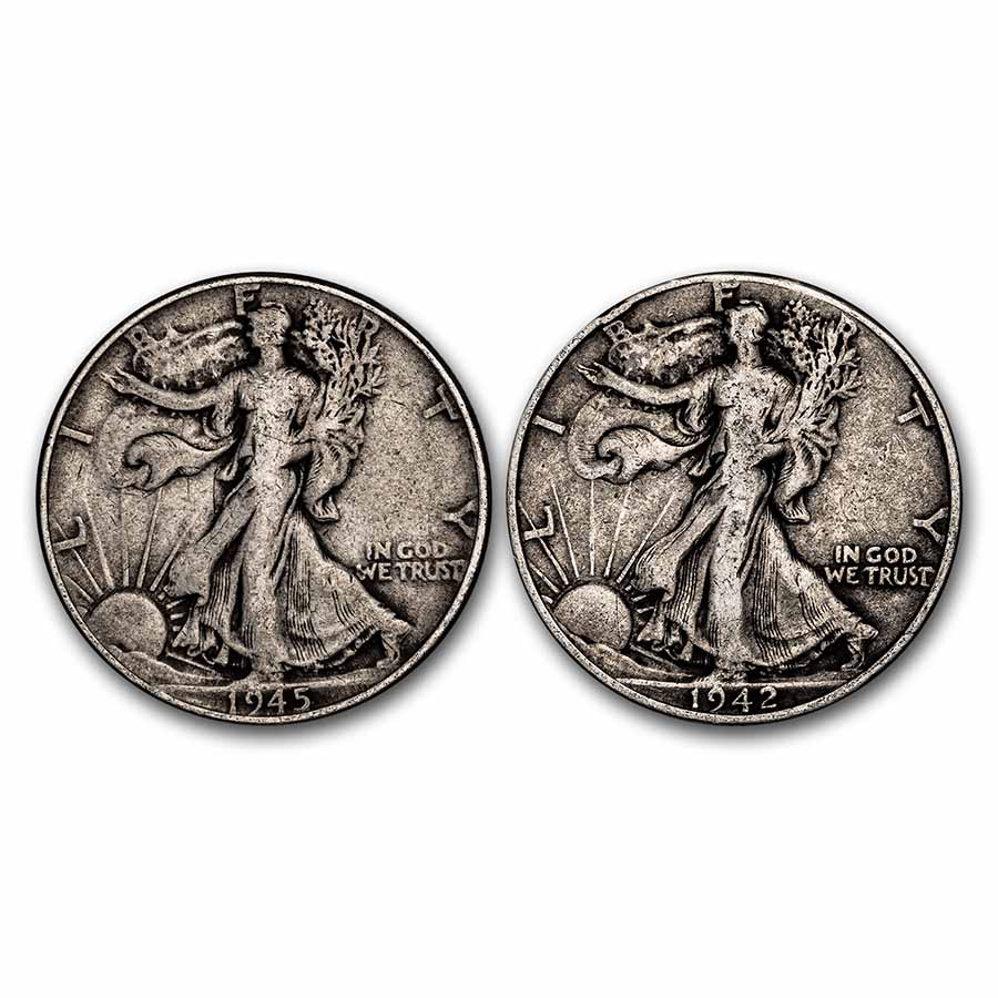2 Walking Liberty Half Dollars 90% Silver Coins $1.00 Face Value 